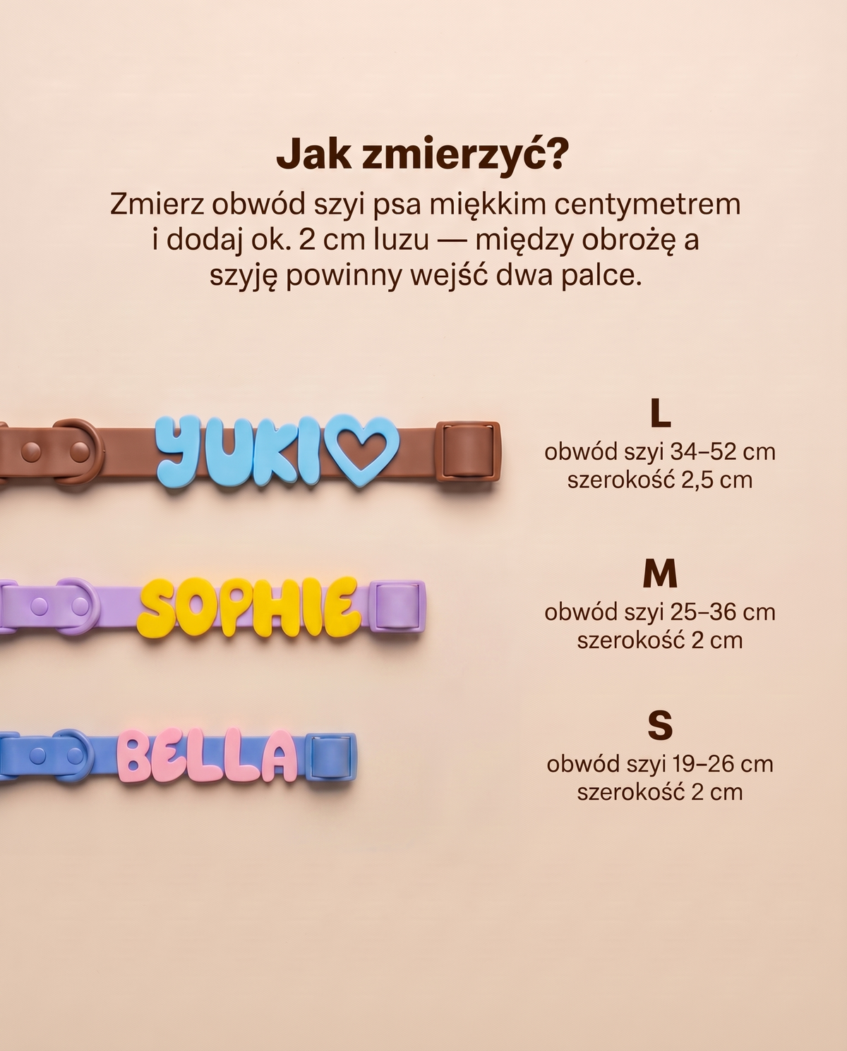 Tabela rozmiarów obroży Psiewalone – S, M, L