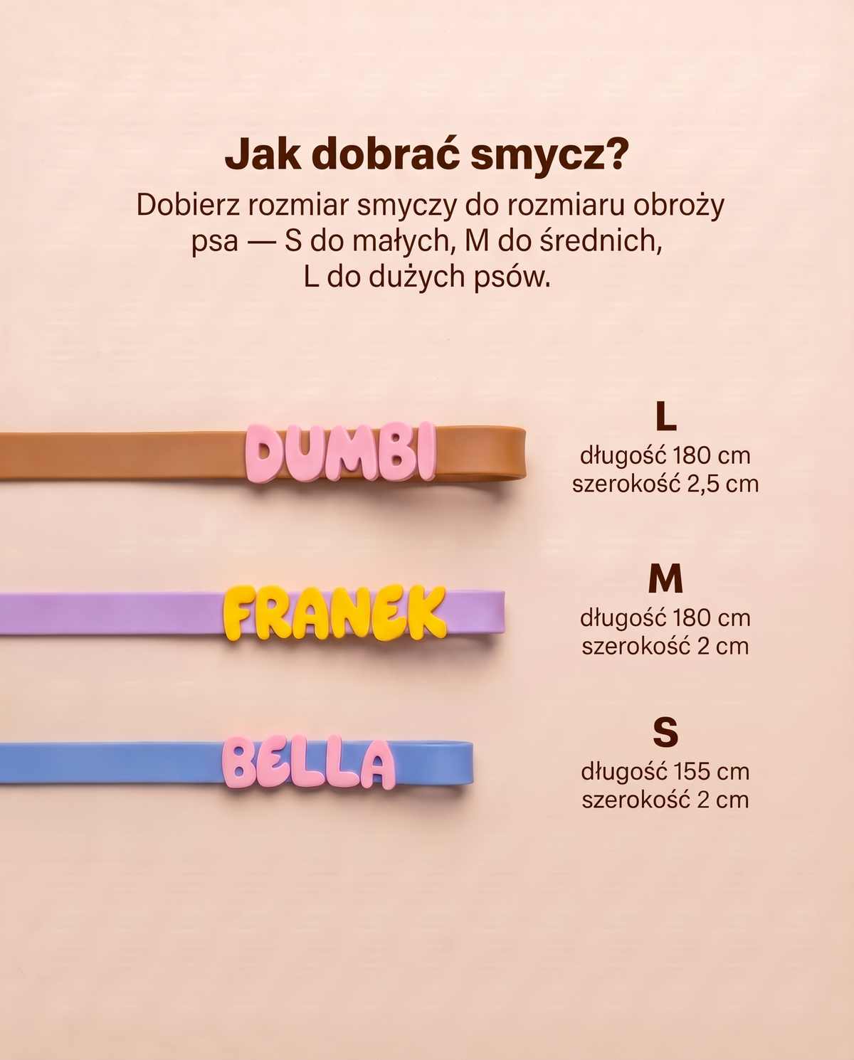 Tabela rozmiarów smyczy Psiewalone – S, M, L